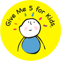 Give Me 5 For Kids Logo - A yellow circler logo, with the organisation name on the top half, and a drawing of a kid center